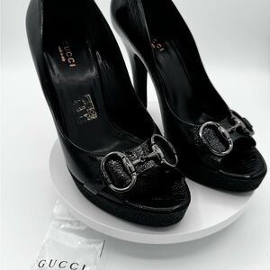 Gucci Black Leather Peep-Toe Heels